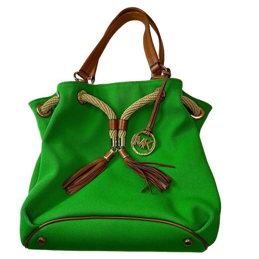 Michael Kors Marina Green Canvas Tote Bag with Tassel Detail